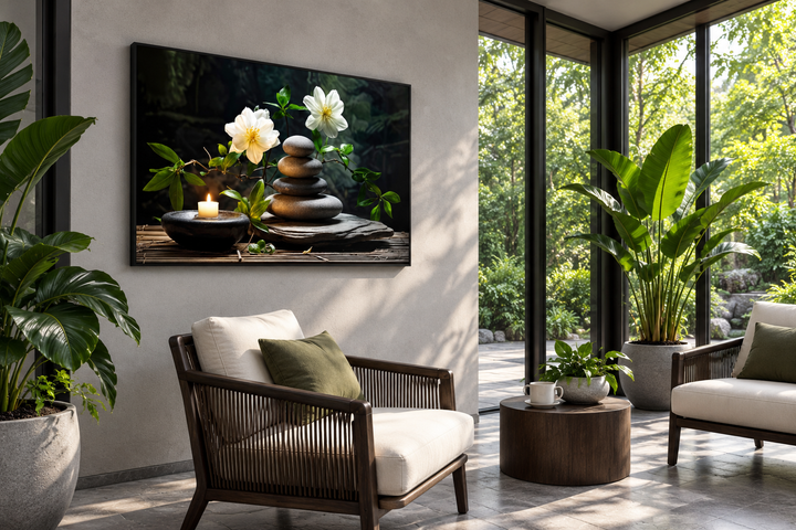 Zen stacked stones, white flowers, and a candle on a framed canvas in a sunlit modern living room.