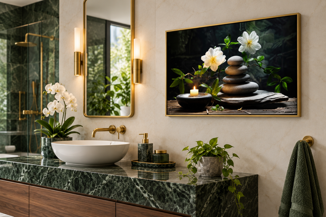 Zen stacked stones, white flowers, and a candle on a framed canvas in a modern bathroom.