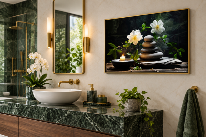 Zen stacked stones, white flowers, and a candle on a framed canvas in a modern bathroom.
