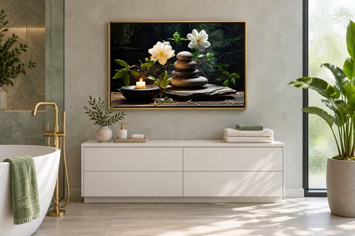 Zen stacked stones, white flowers, and a candle in a gold frame above a white bathroom cabinet.