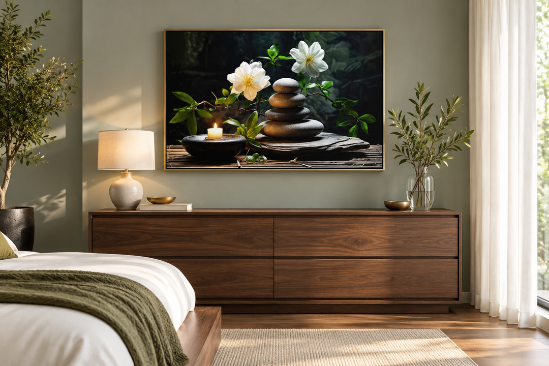 Zen framed canvas wall art with stacked stones, white flowers, and a candle above a wood dresser.