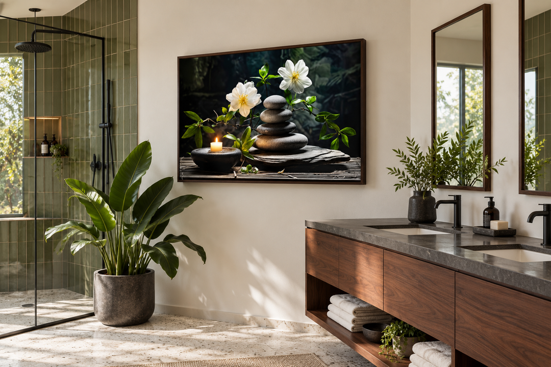 Zen stacked stones, white flowers, and a candle in a dark wood frame on a bathroom wall.