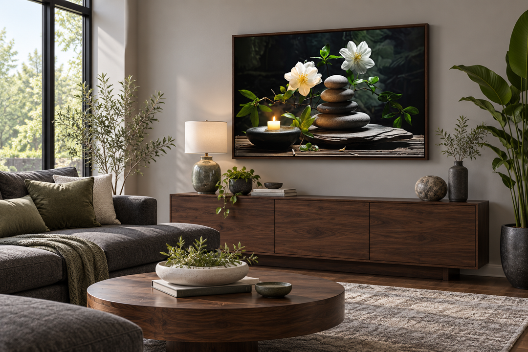 Zen Stacked Stones, Flower And Candle Framed Canvas Wall Art in a walnut frame above a wooden console
