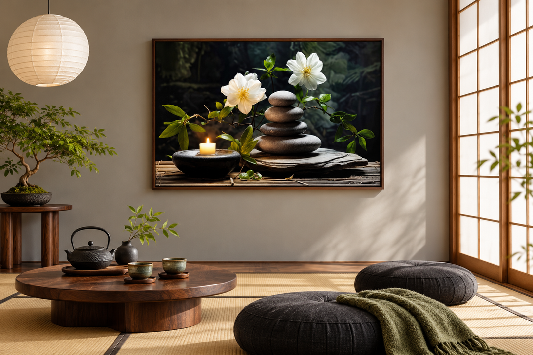 Zen stacked stones, white flowers, and a candle on a framed canvas in a meditation room.