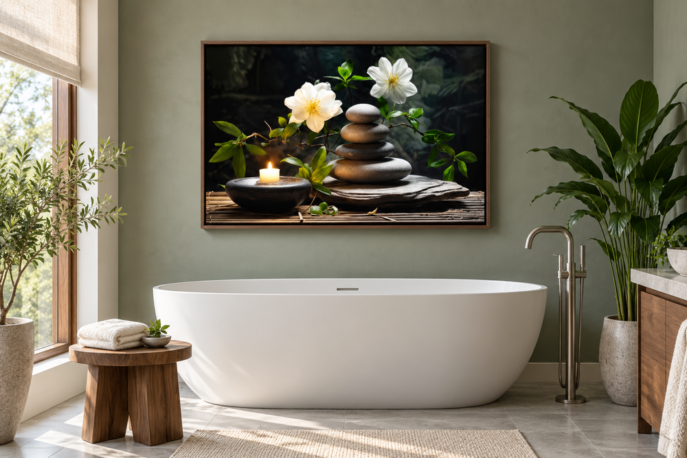 Zen Stacked Stones, Flower and Candle Framed Canvas Wall Art hanging in a spa-style bathroom.