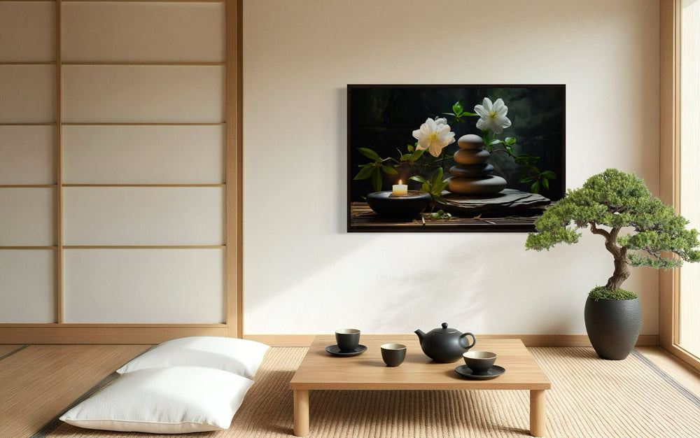 Zen Stacked Stones, Flower And Candle Framed Canvas Wall Art