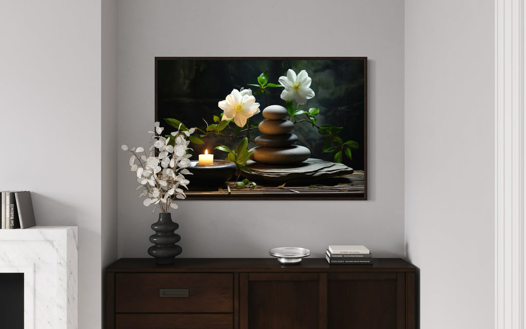 Zen Stacked Stones, Flower And Candle Framed Canvas Wall Art