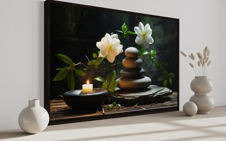 Zen Stacked Stones, Flower And Candle Framed Canvas Wall Art