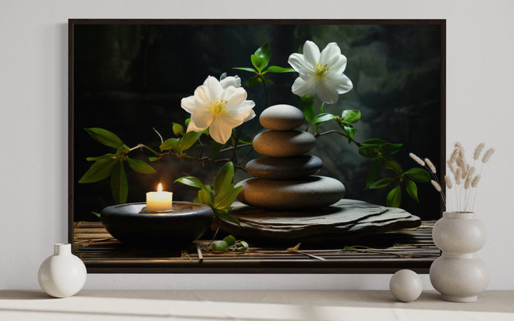 Zen Stacked Stones, Flower And Candle Framed Canvas Wall Art