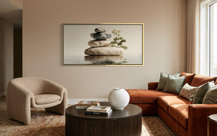 Zen stacked stones minimalist meditation spa horizontal wall art in a warm, modern living room.