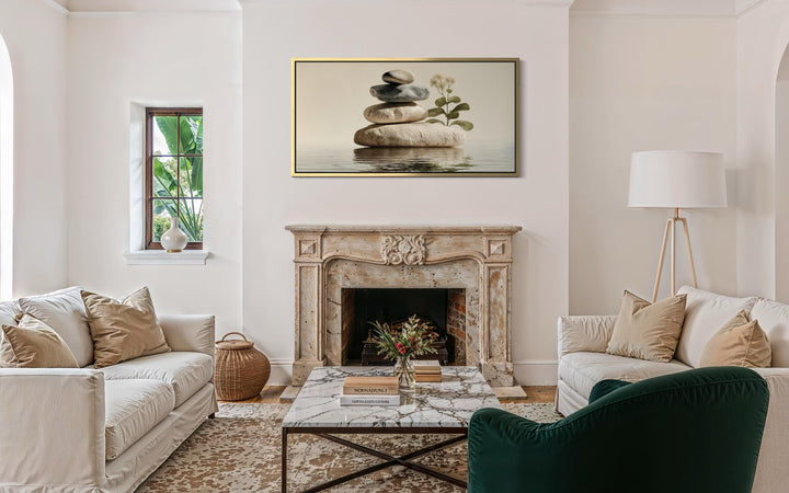 Zen stacked stones minimalist meditation wall art in a gold frame above a fireplace.
