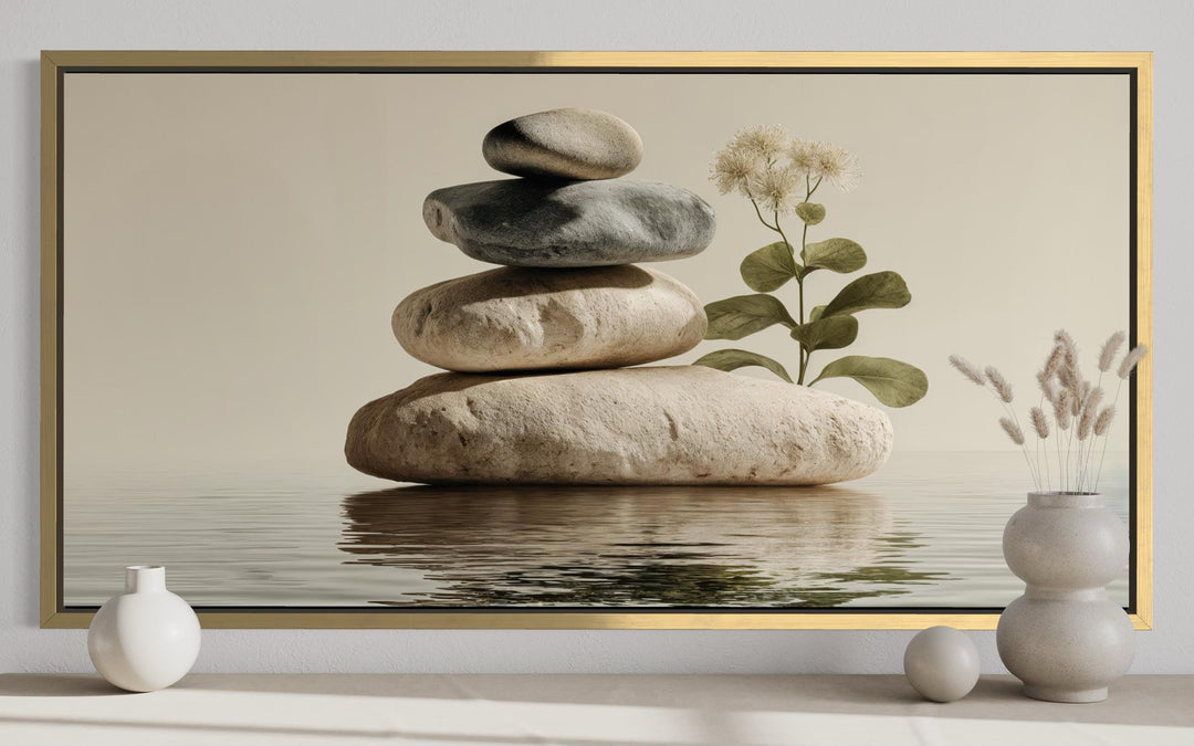 Zen stacked stones minimalist meditation spa horizontal wall art in a gold frame.