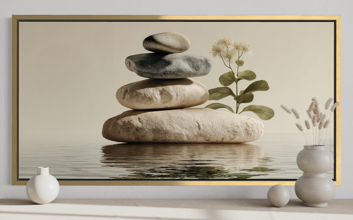 Zen stacked stones minimalist meditation spa horizontal wall art in a gold frame.