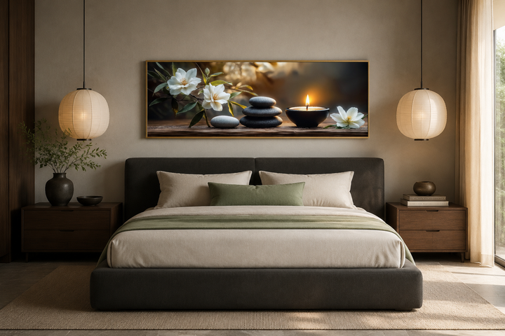 Zen stones, candle, and magnolia flowers long horizontal framed canvas art above a bed.