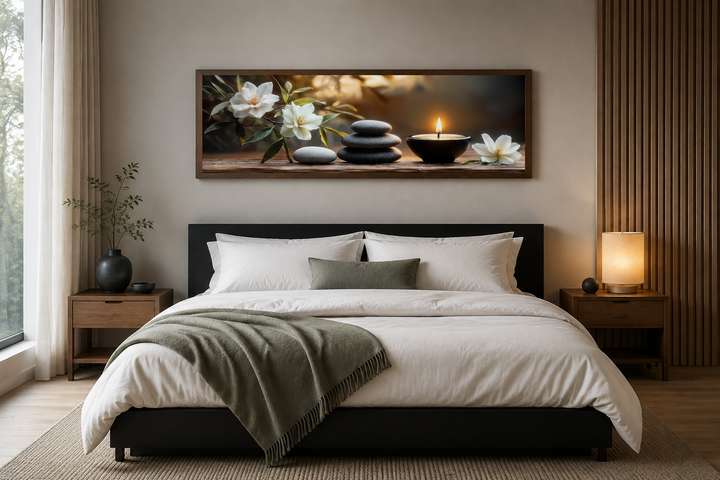 Zen stones, candle, and magnolia flowers long horizontal framed canvas wall art above a bed.