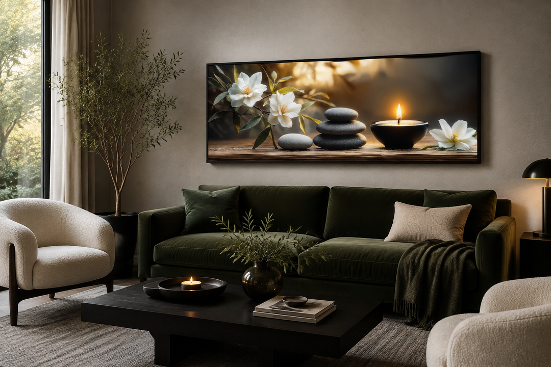 Zen stones, candle, and magnolia flowers on a long horizontal framed canvas above a green sofa.