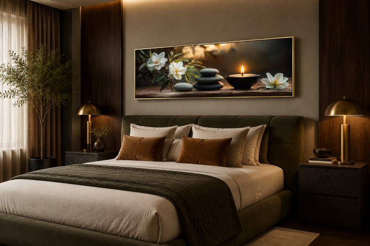Zen stones, candle, and magnolia flowers on a long horizontal framed canvas above a bed.