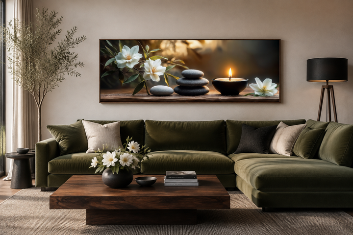 Zen stones, candle, and magnolia flowers horizontal framed canvas art above a green velvet sofa.