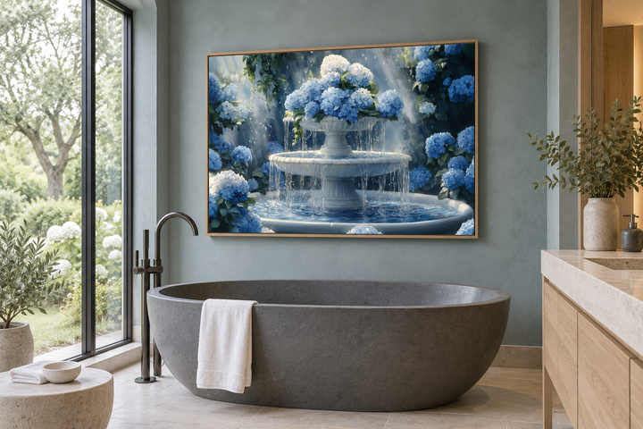 Blue Flowers Fountain Zen Bathroom Canvas Wall Art above a stone bathtub in a modern bathroom.