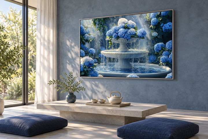 Blue Flowers Fountain Zen Bathroom Canvas Wall Art featuring a tiered fountain and hydrangeas.