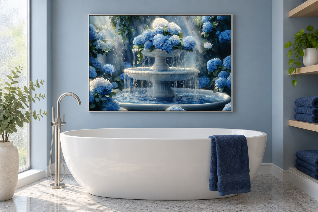 Blue Flowers Fountain Zen Bathroom Canvas Wall Art above a white bathtub in a blue bathroom.