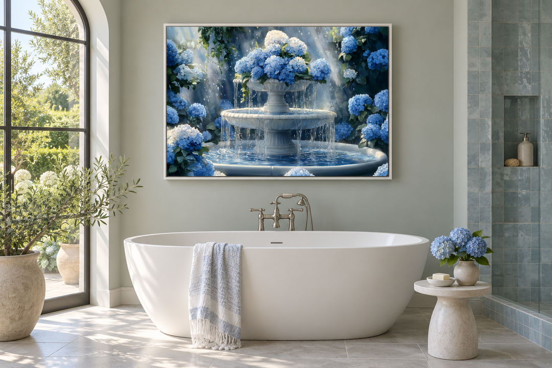 Blue Flowers Fountain Zen Bathroom Canvas Wall Art hanging above a white freestanding bathtub.