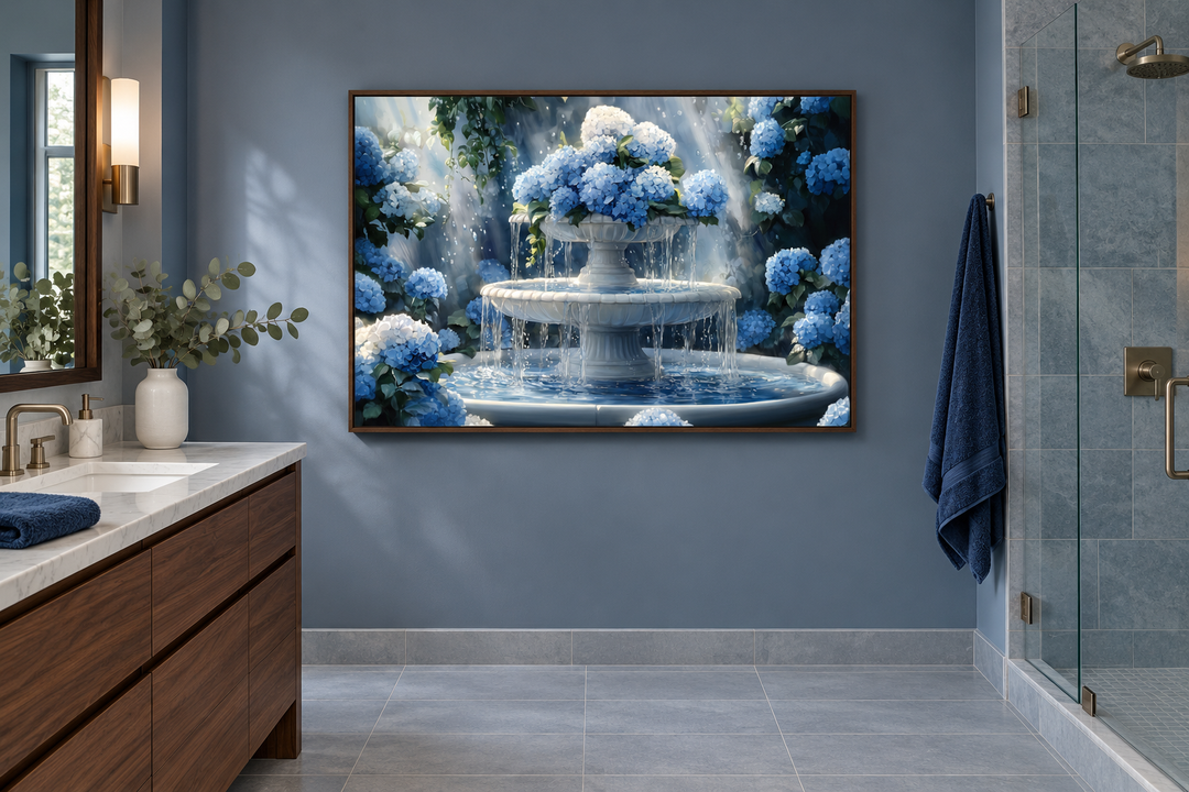 Blue Flowers Fountain Zen Bathroom Canvas Wall Art featuring hydrangeas and a tiered fountain.