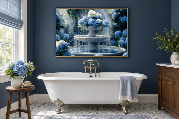 Blue Flowers Fountain Zen Bathroom Canvas Wall Art above a white clawfoot tub in a navy blue room.