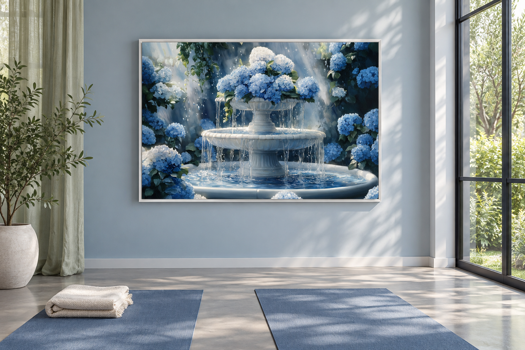 Blue Flowers Fountain Zen Bathroom Canvas Wall Art featuring hydrangeas and a tiered fountain.