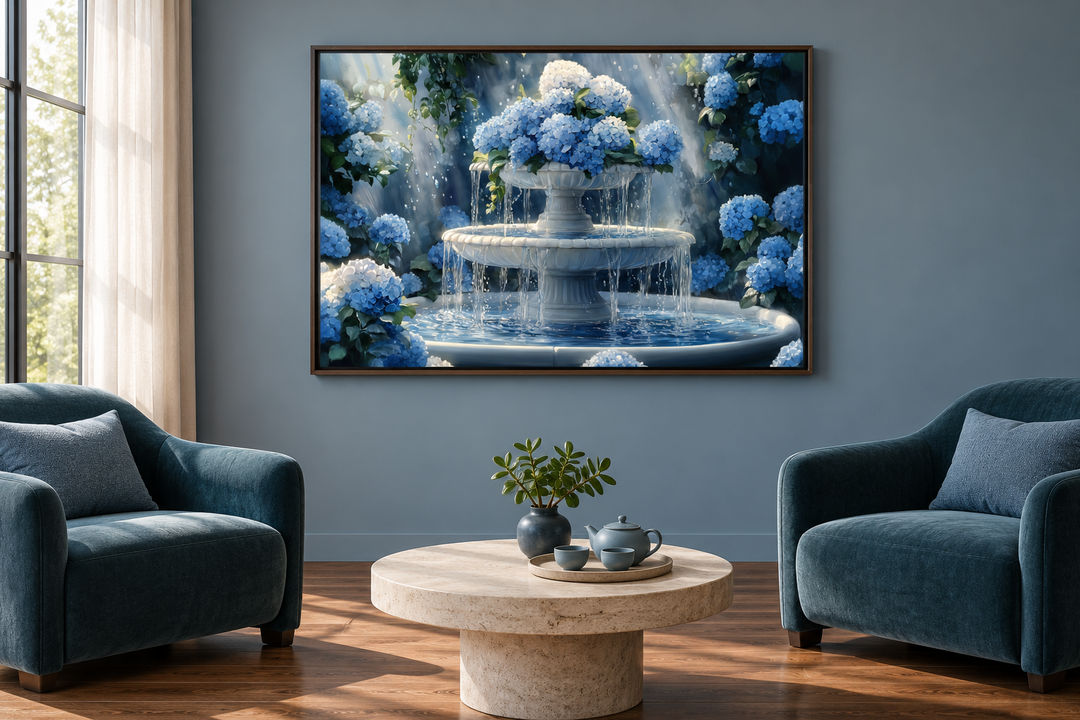 Blue Flowers Fountain Zen Bathroom Canvas Wall Art above a table and two blue armchairs.