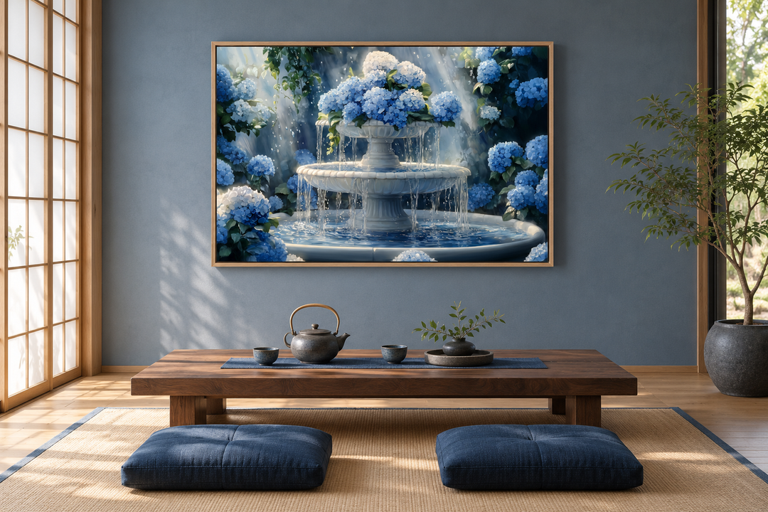 Blue Flowers Fountain canvas wall art in a zen room with a low wooden table and blue floor cushions.