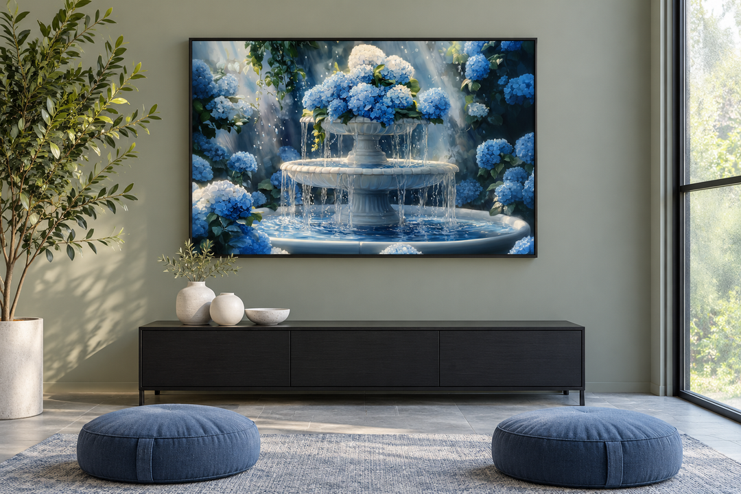 Blue Flowers Fountain Zen Bathroom Canvas Wall Art above a black console in a modern living room.