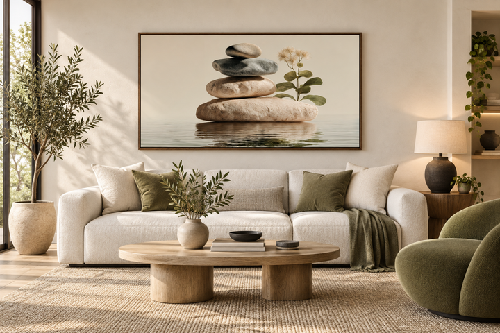 Zen stacked stones horizontal wall art with botanical accents in a warm, minimalist living room.