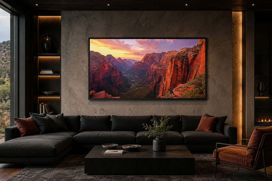 Zion National Park sunset framed canvas wall art above a black sectional sofa in a modern room.