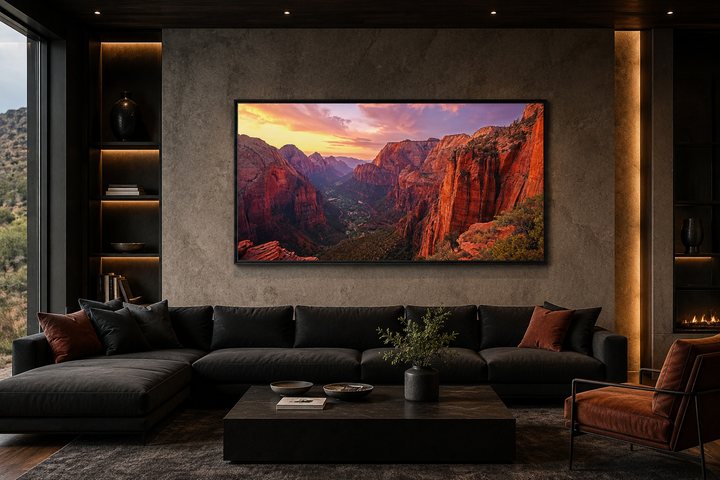 Zion National Park sunset framed canvas wall art above a black sectional sofa in a modern room.