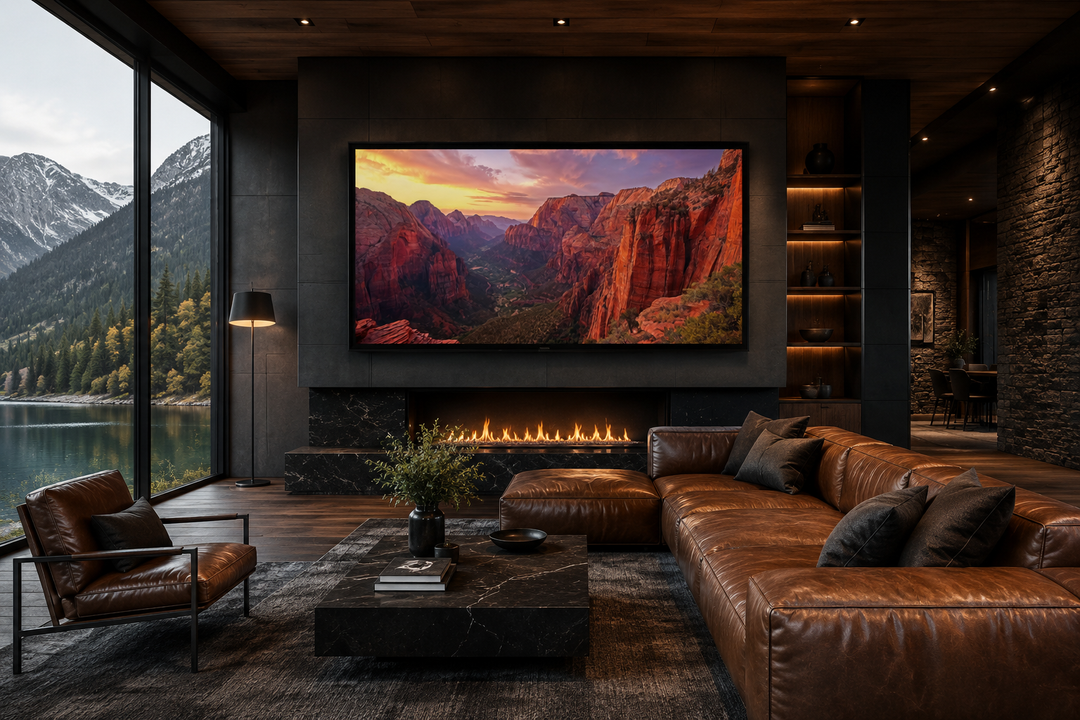 Framed canvas wall art of Zion National Park sunset over a fireplace in a modern living room.