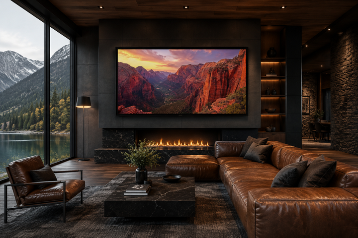 Framed canvas wall art of Zion National Park sunset over a fireplace in a modern living room.