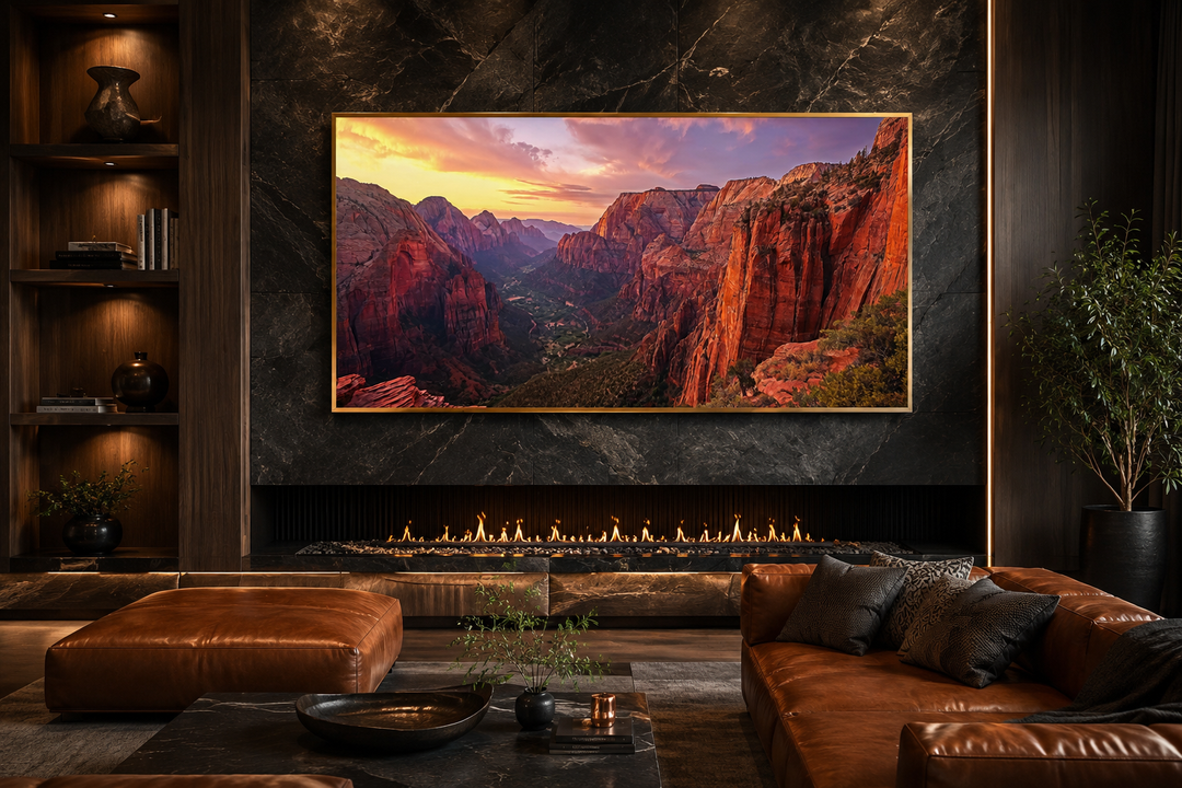 Zion National Park sunset photo style framed canvas wall art mounted above a modern fireplace.