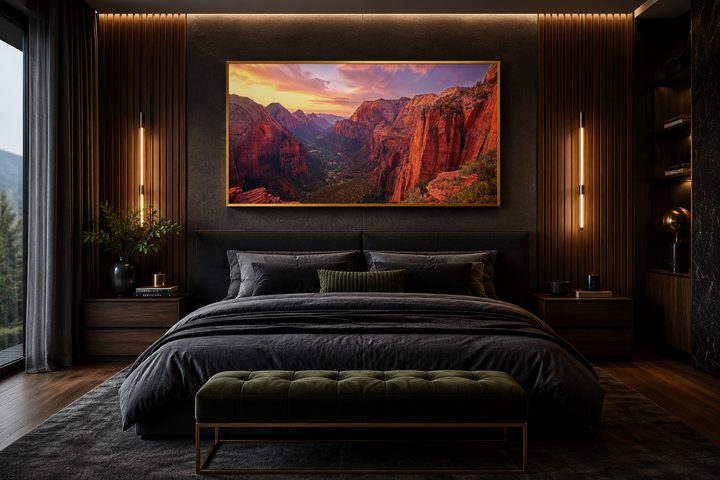 Zion National Park sunset photo style framed canvas wall art above a bed in a modern bedroom.