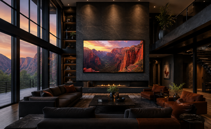 Zion National Park sunset photo style framed canvas wall art displayed in a modern living room.