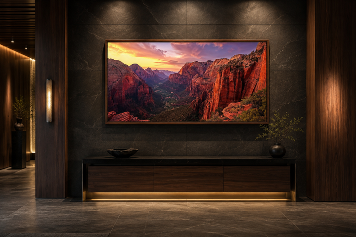 Zion National Park sunset photo style framed canvas wall art above a dark wood console table.