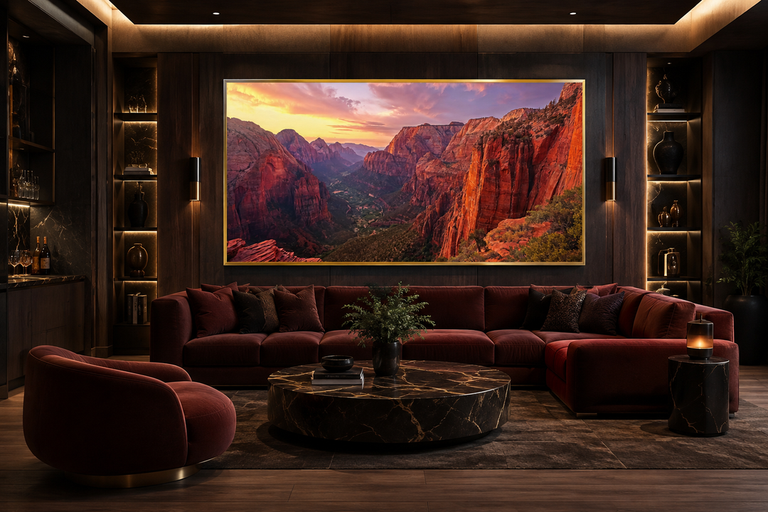 Zion National Park sunset photo style framed canvas wall art above a red sofa in a modern room.