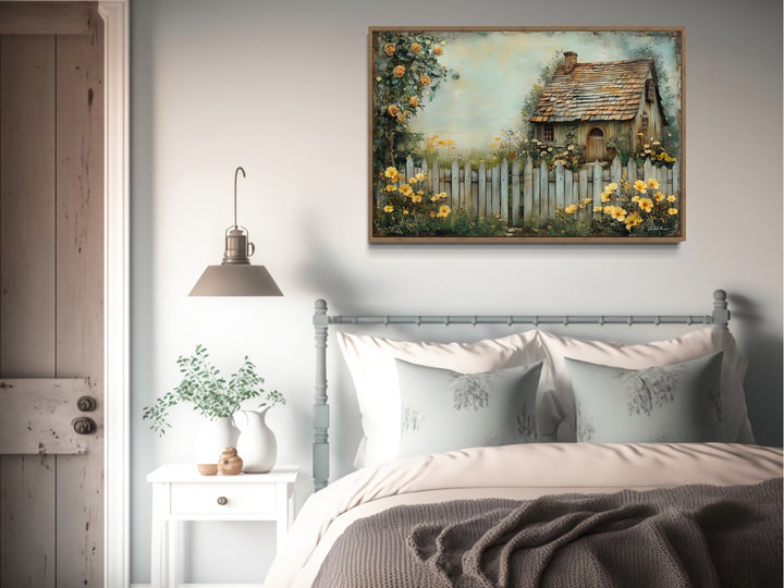 Charming Cottage Garden Rustic Floral Canvas Wall Art above rustic bed