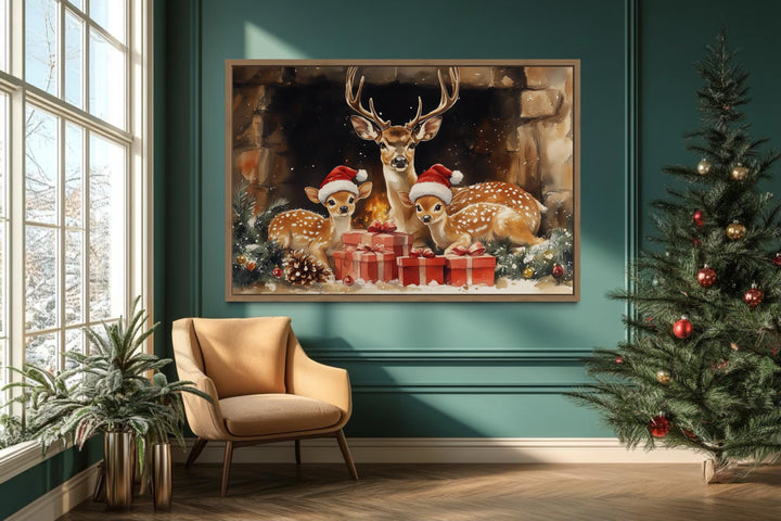 Christmas Deer With Santa Hats and Gifts Canvas Wall Art