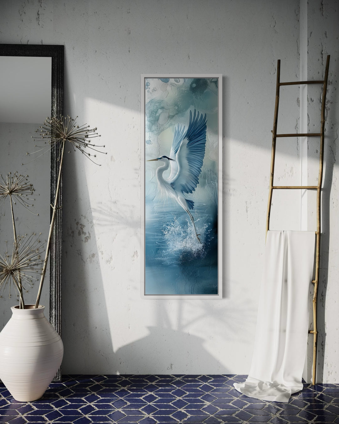 Tall Narrow Blue Heron In Flight Framed Vertical Canvas Wall Decor