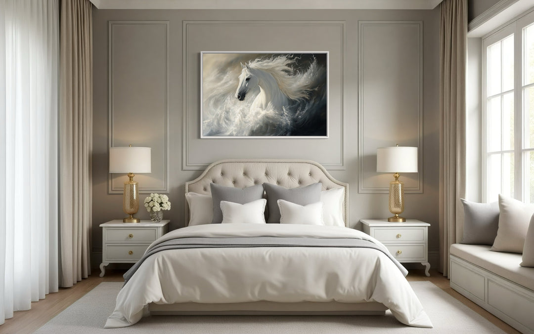 White Horse Abstract In Ocean Waves Framed Canvas Wall Art above bed