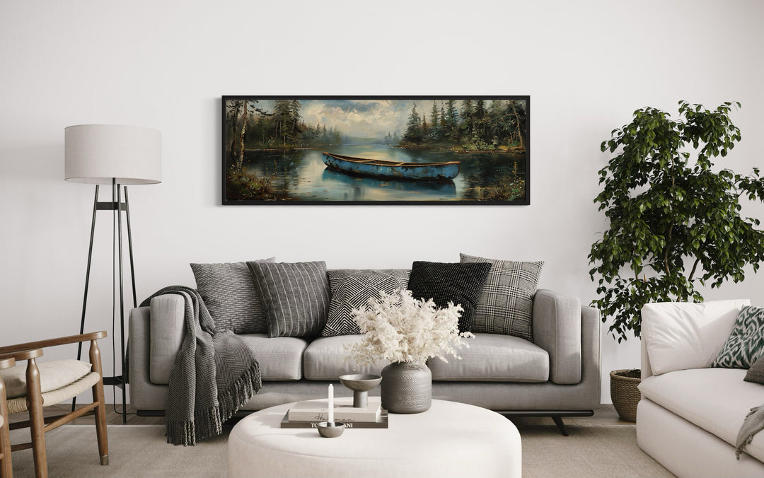 Old Blue Canoe In The Lake Long Horizontal Framed Canvas Wall Art