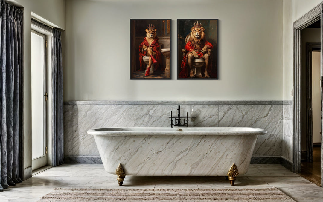 2 Piece Male Female Bathroom Wall Art - Lion King And Lioness Queen On Toilets above bathtub