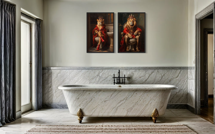 2 Piece Male Female Bathroom Wall Art - Lion King And Lioness Queen On Toilets above bathtub