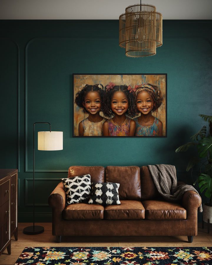 Three Happy Black Girls Smiling Framed Canvas Wall Art in a living room with a couch